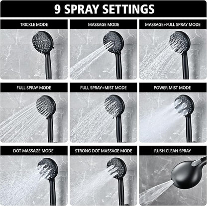 sumerain Matte Black Shower System, Handheld Showerhead with Filters for Hard Water, 9" High Pressure Multiple Modes Rain Shower Head, Valve Included