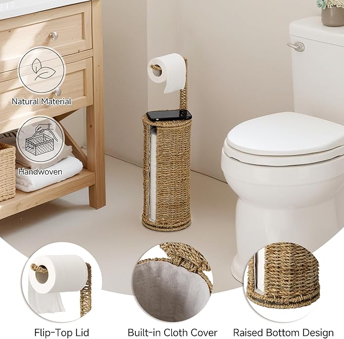 StorageWorks Wicker Seagrass Freestanding Toilet Paper Holder Stand with Storage, Farmhouse Covered Toilet Paper Stand for 4 Rolls with Cloth Lining, Tissue Holder for Bathroom Decor with Shelf