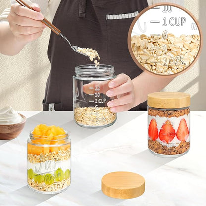 Xyptorix Glass Overnight Oats Containers with Lids (4-Pack), 16 oz Mason Jars with Bamboo Lids for Meal Prep, Chia Seed Pudding, Yogurt & Oatmeal - Airtight Food Storage Jars for Breakfast On-the-Go