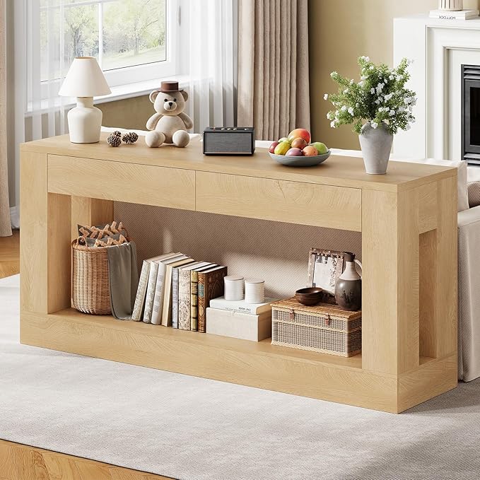 63" Long Console Table with 2 Drawers, Farmhouse Sofa Table Behind Couch with Heavy Duty Legs, Entryway Table for Living Room, Entrance, Hallway, Foyer, Natural Wood