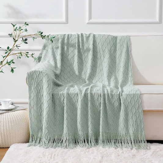 BATTILO HOME Sage Green Throw Blanket for Couch, Light Blue Knit Throw Blanket, Decorative Textured Sage Throw for Home Decor, 50"x60"