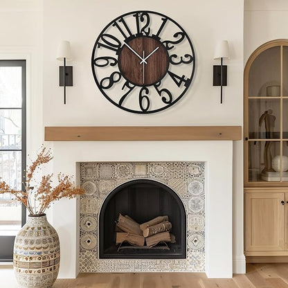 Maxstar Round Wall Clock for Living Room Decor Battery Operated Non Ticking Black Metal Wood Clocks for Home Living Room Garden Office Kitchen Decoration -16 inch