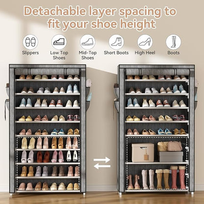 LANTEFUL Shoe Rack with Covers 10 Tier Tall Shoe Rack Organizer Large Capacity Shoe Shelf Storage 40 Pairs Space Saving Free Standing Shoe Storage Organizer for Closet, Entryway, Dorm, Printing