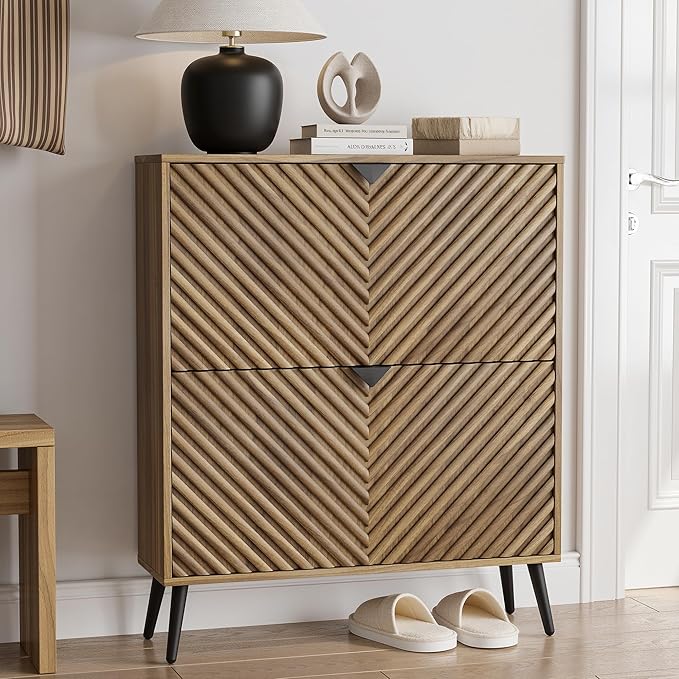 Smuxee Walnut Shoe Cabinet with 2 Flip Drawers, 31.5" Hidden Shoe Storage Cabinet with Fluted Diamond Doors, Freestanding Shoe Organizer Cabinet for Entryway, Hallway, Living Room