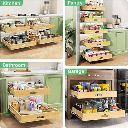 Pull Out Cabinet Organizer, Soft Close Wooden Slide Out Drawers for Pots and Pans, Full-extension Roll Out Shelves for Kitchen Cabinets, Pantry Organization, Bottom & Side Mount(21"W X 21"D x 3.4''H)