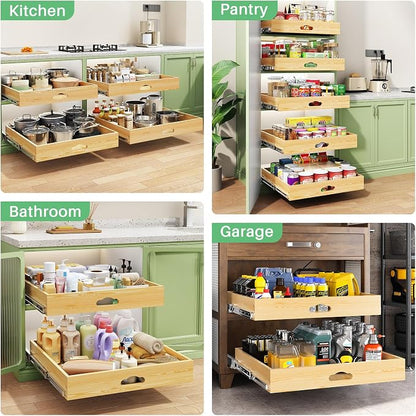 2Pack Pull Out Cabinet Organizer, Soft Close Wooden Slide Out Drawers for Pots, Full-extension Roll Out Shelves for Kitchen Cabinets, Pantry Organization, Bottom and Side Mount(21"W X 21"D x 3.4''H)