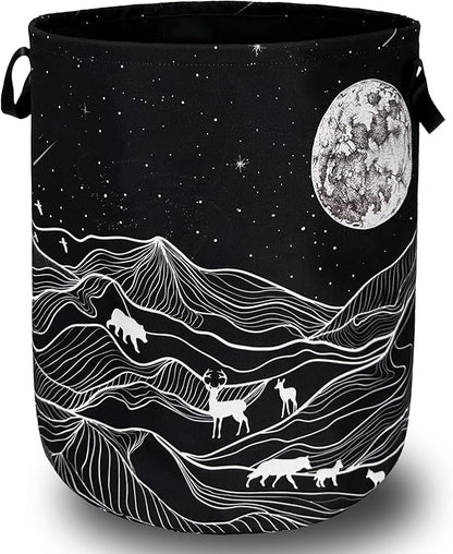 Mountain Laundry Basket Foldable With Handles Deer Bear Moon Tote Bag Oxford Cloth Funny Laundry Hamper Clothes Storage Bucket Toy Organizer For Bathroom/Laundry/Bedroom 18.9" x 16.5 "