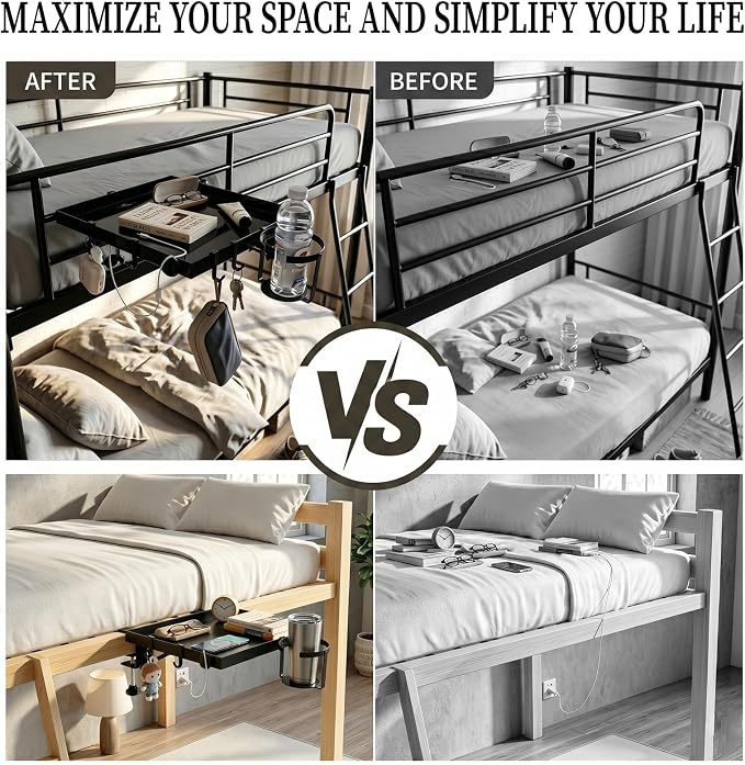 Foldable Bedside Shelf for Dorm Bunk Bed,Heavy Duty Metal Clip-On Bed Table Tray College Dorm Room Essentials,Bed Side Caddy Nightstand Alternative Organizer with Hooks&Removable Cup Holder Black