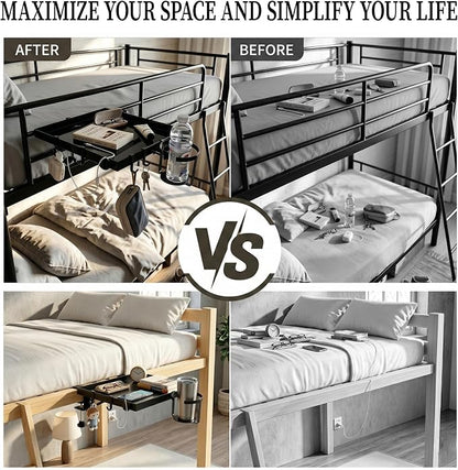 Foldable Bedside Shelf for Dorm Bunk Bed,Heavy Duty Metal Clip-On Bed Table Tray College Dorm Room Essentials,Bed Side Caddy Nightstand Alternative Organizer with Hooks&Removable Cup Holder Black
