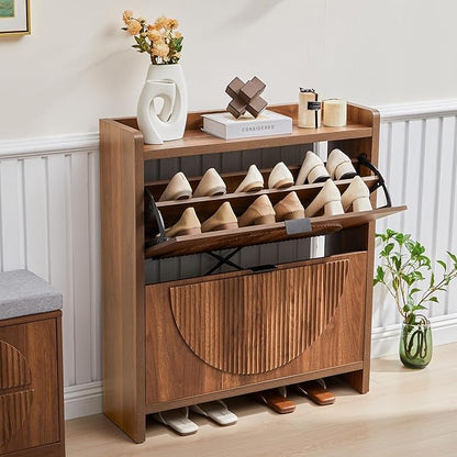 Shoe Cabinet Storage for Entryway with 2 Flip Drawers, Narrow Shoe Organizer Cabinet with Round Fluted Panel, Small Freestanding Hidden Wood Slim Shoe Rack for Foyer, Hallway, Walnut