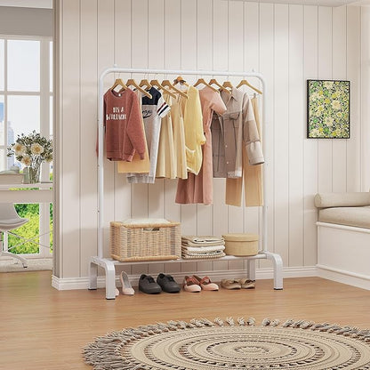 JIUYOTREE Standard Clothes Clothing Garment Rack with Storage Shelves Clothes Organizer for Hanging Clothes Coat Jacket Shirt Sweater Jeans White