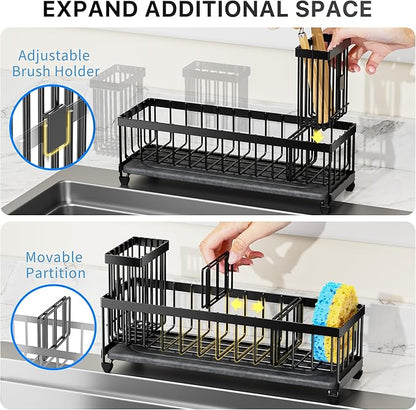 Cisily Sponge Holder for Kitchen Sink, Sink Caddy Organizer with High Brush Holder, Kitchen Countertop Organizers and Storage Essentials, Rustproof 304 Stainless Steel (Black with Stone Tray, Large)