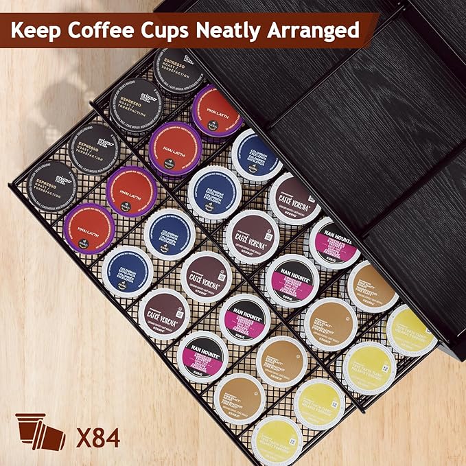 Homsorout Coffee Bar Organizer - Coffee Station for Countertop, Metal and Wood K Cup holder Storage Basket for Syrup, Cups, Stirrer, Condiment, Tea Organizer, Black