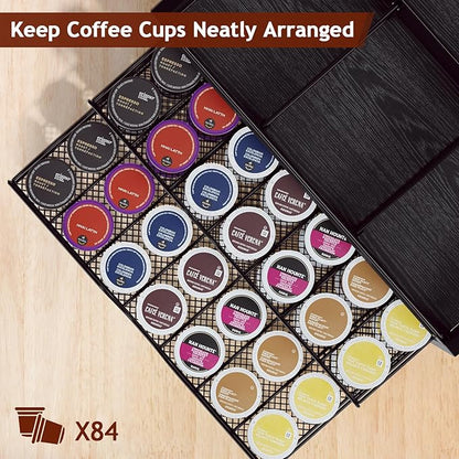 Homsorout Coffee Bar Organizer - Coffee Station for Countertop, Metal and Wood K Cup holder Storage Basket for Syrup, Cups, Stirrer, Condiment, Tea Organizer, Black
