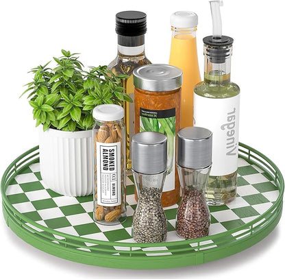 Premium Rubber Wood Lazy Susan Turntable, Green White Checkerboard Decorative Serving Tray, Hand-Welded Metal Railing, Stable Rotating Organizer for Dining Table, Kitchen Counter, Coffee Table Decor