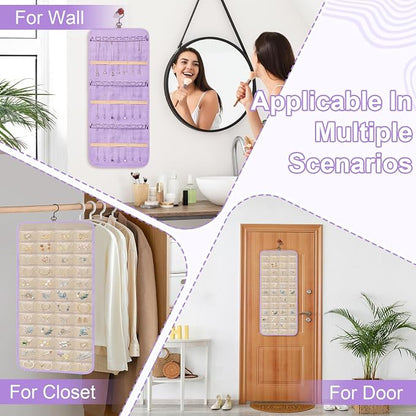 Dynoro Double-Sided Hanging Jewelry Organizer, Lavender Storage Roll for Earrings, Necklaces, Rings, 48 Pockets 21 Hooks, Durable Oxford Fabric for Closet, Wall, Door, 1 piece, Jewelry Not Included