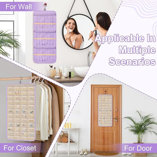 Dynoro Double-Sided Hanging Jewelry Organizer, Lavender Storage Roll for Earrings, Necklaces, Rings, 48 Pockets 21 Hooks, Durable Oxford Fabric for Closet, Wall, Door, 1 piece, Jewelry Not Included