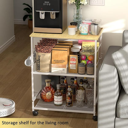 ThreeHio Rolling Kitchen Microwave Cart, 3 Tier Microwave Table Stand with Storage, Kitchen Utility Cart on Lockable Wheels, Small Coffee Station Shelf Rack Organizer for Living Room Office, Balcony