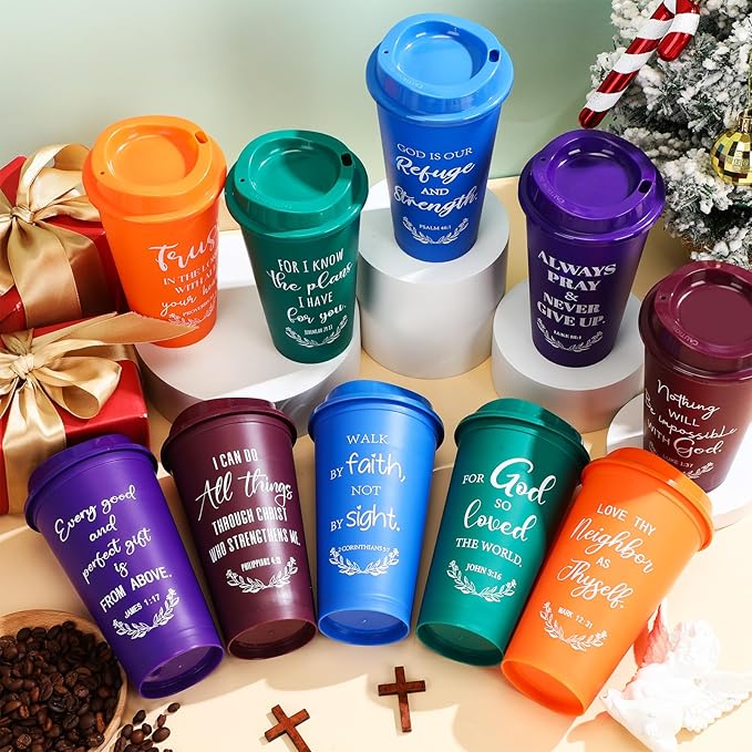 Skylety 40 Pack Christian Gifts for Men Women 16oz Reusable Bible Verse Tumbler Bulk Plastic Coffee Cups with Lids Inspirational Religious Church Gifts for Valentine Easter Birthday (Retro Color)