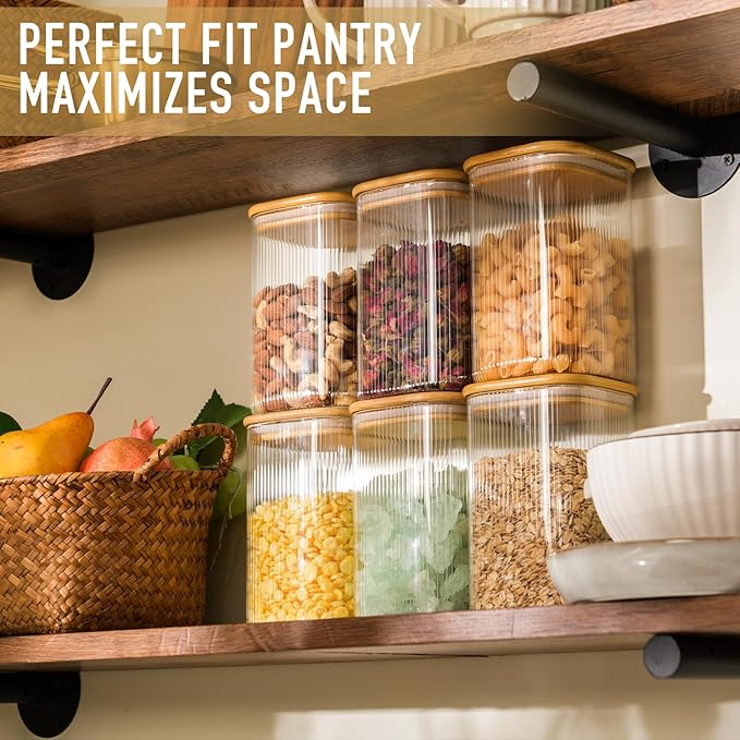 37oz Airtight Glass Square Storage Canisters with Bamboo Lids Set of 4 (1100ml) Striped Stackable Containers, Decorative Kitchen Jars for Tea, Nuts and Coffee (‎with Black Lable)