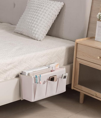 Bedside Caddy / Bedside Storage Organizer Hanging Bag with Three Options,Suitable for home beds, sofas, and dormitory beds—can hold magazines, books, phones, iPads, remote controls. (2-Pack White)
