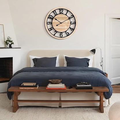 LEIKE 24 Inch Large Wall Clock - Rustic Wooden Silent Non-Ticking Wall Clock with Black Metal Frame, Vintage Farmhouse Decorative for Living Room, Bedroom, Kitchen - Arabic Numerals, Modern Design