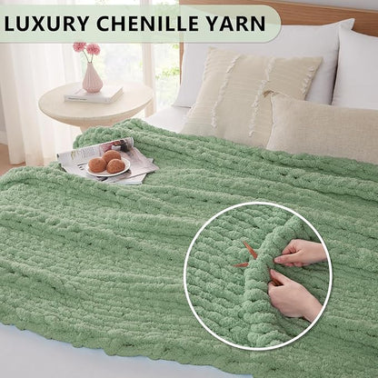 L'AGRATY Chunky Knit Blanket Throw: 80''x90'' Chenille Chunky Knitted Throw Blankets for Bed Couch - Handmade Thick Big Cable Knit Blanket - Large Crochet Blankets for Home Decor(Sage Green)