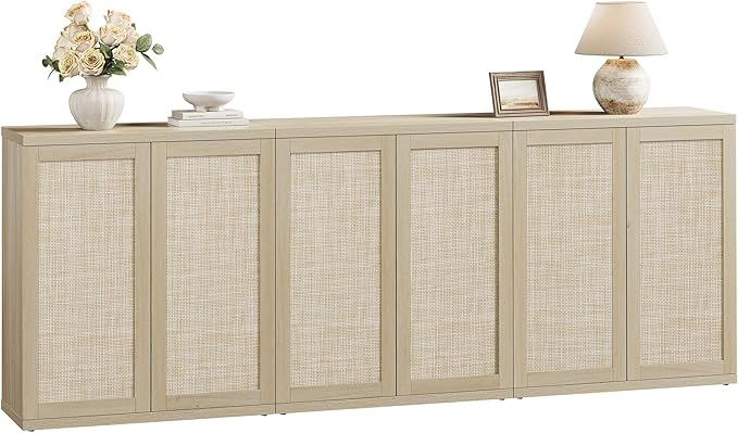 SICOTAS Rattan Sideboard Buffet Storage Cabinet - Farmhouse Boho Coffee Bar Cabinet with Adjustable Shelves, Large Console Table Credenza Stand for Living Room, Dining Room, Entryway, 3 PCS
