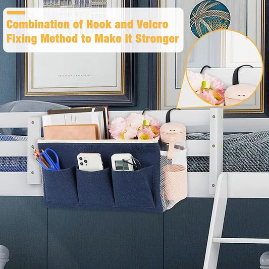 Lilithye Bedside Caddy Bedside Organizer Bedside Storage Caddy with Fixed Straps and Water Bottle Holder for Home College Dorm Bunk Bed Hospital Bed Crib Bed Rails (2pcs Navy Blue)
