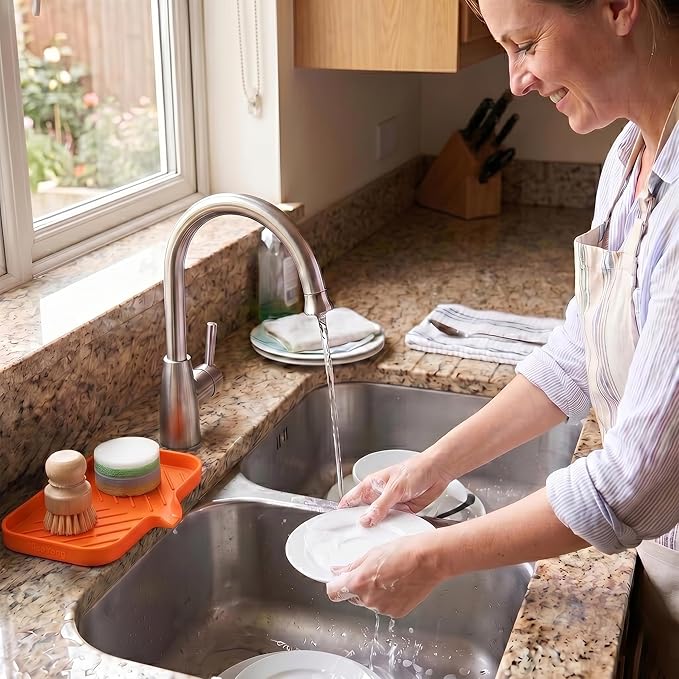 MicoYang Silicone Soap Dish with Drain Spout — Self-Draining Sink Organizer Tray for Bathroom & Kitchen, Sponges, Dispensers & Soap Holder, Non-Slip & Dishwasher Safe, Orange (Medium, 9.6"×5.3")