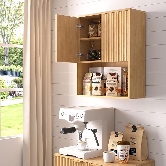 Fluted Bathroom Wall Cabinet Over The Toilet Storage,Wall Mounted Cabinet with Adjustable Shelf,Floating Cabinet Organizer Hanging Cabinet,Kitchen and Laundry Room Cabinets (Oak, 1 PC)