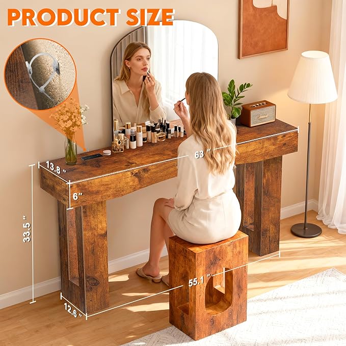 63 Inch Long Entryway Table Hollow, Wooden Console Table with Socket Farmhouse Sofa Table for Entrance, Hallway, Living Room,Behind Couch(Rustic Brown)