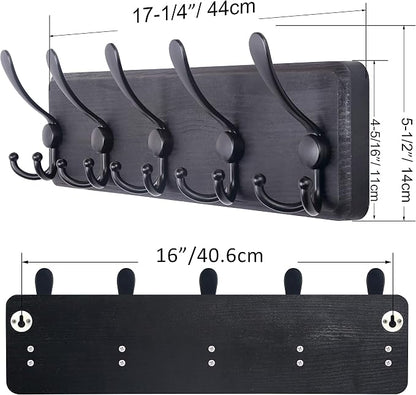 SKOLOO Rustic Wall Mounted Coat Rack: 16" Stud Spacing, Pine Real Wood Plank Wall Coat Rack with 5 Triple Hooks, Farmhouse Coat Hanger Wall Mount for Hanging Backpack Jacket Coat Hat