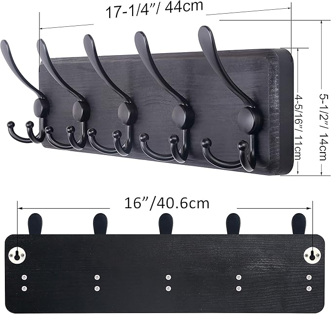 SKOLOO Rustic Wall Mounted Coat Rack: 16" Stud Spacing, Pine Real Wood Plank Wall Coat Rack with 5 Triple Hooks, Farmhouse Coat Hanger Wall Mount for Hanging Backpack Jacket Coat Hat,Pack of 2