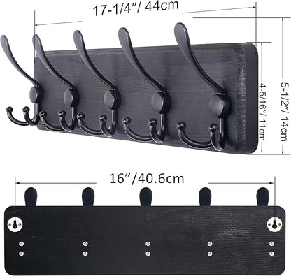 SKOLOO Rustic Wall Mounted Coat Rack: 16" Stud Spacing, Pine Real Wood Plank Wall Coat Rack with 5 Triple Hooks, Farmhouse Coat Hanger Wall Mount for Hanging Backpack Jacket Coat Hat,Pack of 2