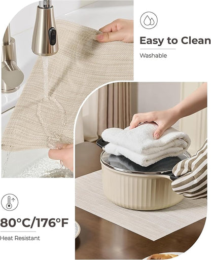 Leetaltree Beige White Placemats Set of 8 - Heat Resistant Non-Slip Place mats for Dining Table, Washable Durable PVC Vinyl Woven Table Mats(Beige White, 8)