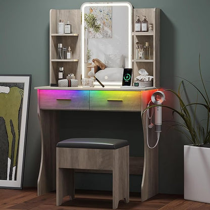 Small Vanity Desk with Mirror and Lights, Makeup Vanity with LED Lights, Grey Vanity Mirror with Lighted Desk and Chair, 3 Lighting Adjustable Compact Dressing Table with Mirror for Women, Girls