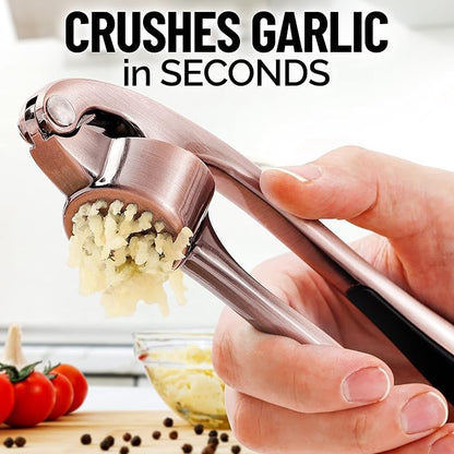 Zulay Kitchen Premium Garlic Press Set - Rust Proof Professional Garlic Mincer Tool - Easy-Squeeze, Easy-Clean with Soft, Ergonomic Handle - Silicone Garlic Peeler & Brush (Copper)