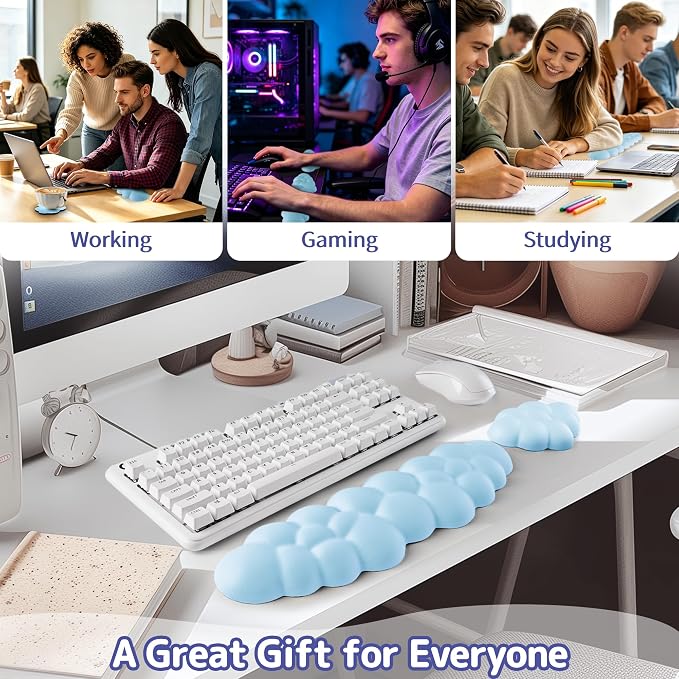 Sushret Cloud Wrist Rest Keyboard, Cloud Keyboard Wrist Pad Set with PU Leather Memory Foam, Cute Arm Rest for Palm Support, PC/Gaming Desk Accessories/Office Setup/Computer Hand Cushion - Blue