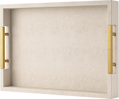 Beige Faux Leather Serving Tray with Handles – Large Decorative Tray for Coffee Table, Ottoman, Living Room, Bathroom – Home Decor