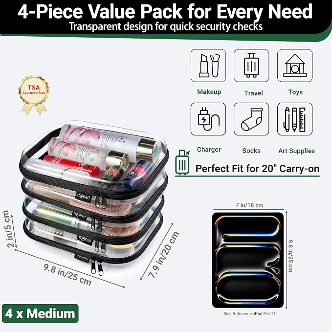 YQBRAO 4-Pack Clear Diaper Bag Organizer Pouches, 1.2mm Ultra-Thick PET Travel Pouches for Toiletries & Makeup, Rigid Self-Standing Bags with YKK Zippers, TSA Approved (Black)