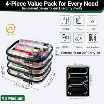 YQBRAO 4-Pack Clear Diaper Bag Organizer Pouches, 1.2mm Ultra-Thick PET Travel Pouches for Toiletries & Makeup, Rigid Self-Standing Bags with YKK Zippers, TSA Approved (Black)