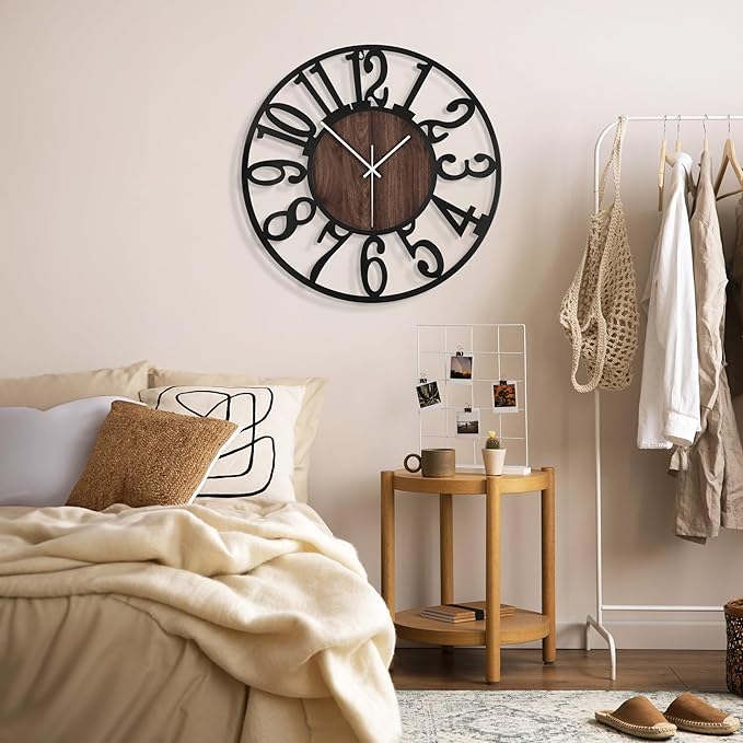 1st owned Wall Clock for Living Room -16" Silent Non Ticking,Battery Operated,Black Metal, Antique Wood Clocks for Farmhouse,Dining Room,Bedroom,Kitchen Clock Wall Decor- Arabic Numerals
