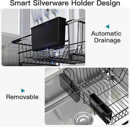 JASIWAY Black Dish Drying Rack in Sink, Expandable Stainless Steel Dish Drainers for Kitchen Counter, Dish Dryer Rack for Inside Sink, Over The Sink Dish Racks with Utensil Holder