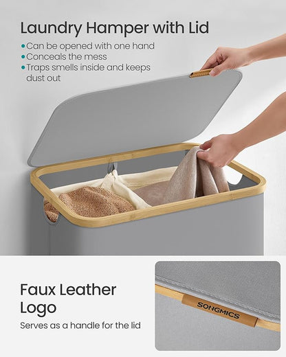 SONGMICS Laundry Hamper with Lid, 2-Section Large Laundry Basket, 34.3-gallon (130L), Removable Mesh Liner, Bamboo Handles, Collapsible, 20.5 x 15.2 x 27.8 Inches, Dove Gray ULCB513G01