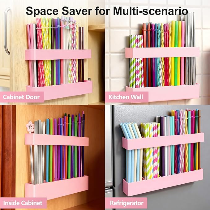 9.5” Large Acrylic Straw Holder for Cabinet Door, Reusable Adjustable Two-Part Straws Organizer with Ultra Sticky Adhesive Strips, 2026 Straw Storage for Kitchen Cupboard (Rose Stone)
