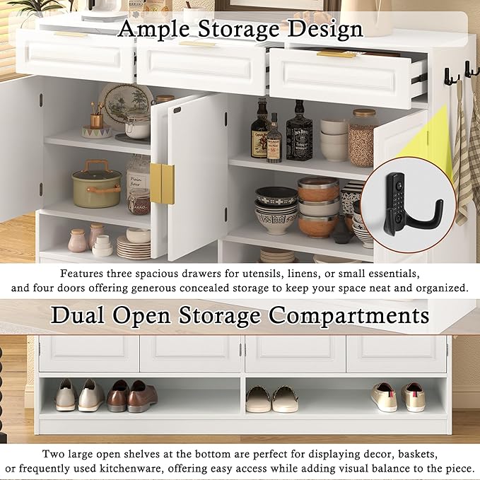 Sideboard Buffet Cabinet with Storage, 59.1" Multi-Functional Sideboard Cabinet with 3 Drawers & 4 Doors, Buffet Table with Adjustable Shelf for Dining Room, Living Room, Entryway, White
