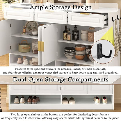 Sideboard Buffet Cabinet with Storage, 59.1" Multi-Functional Sideboard Cabinet with 3 Drawers & 4 Doors, Buffet Table with Adjustable Shelf for Dining Room, Living Room, Entryway, White
