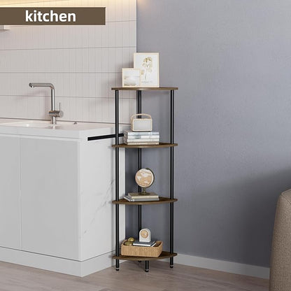 QLSPTFTS 4 Tier Corner Shelf, Bookcase for Small Spaces, Corner Display Shelf, Plant Stand, Rustic Brown and Black,Suitable for Bedroom,Living Room,Kitchen