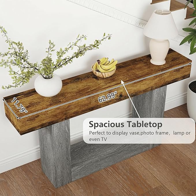 Spaco 63'' Long Console Table,2 Tier Farmhouse Entryway Table Sofa Table with Storage,Wood Behind Couch Table for Living Room, Hallway,Foyer (Rustic Brown w/Grey Leg)